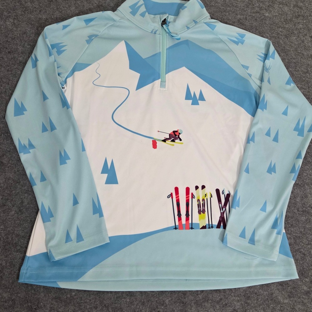 Spyder Girls L Ski Base Layer 1/4 Zip Blue Mountain Skier Graphic Pullover